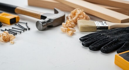 DIY tools and materials flat lay hammer nails paintbrush gloves wood shavings on white table sharp detail blank space for renovation ad generative ai

