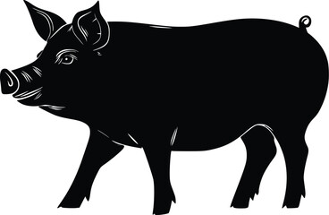 Vector illustration:  stylized black pig silhouette, farm animal graphic, elegant design.