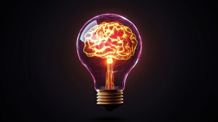 Creative illustration of a brain inside a glowing incandescent light bulb representing innovation and ideas