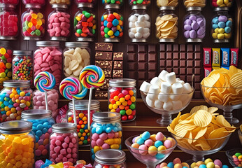 A vibrant candy shop display with colorful sweets and treats