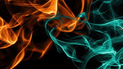 Abstract swirling orange and teal smoke against a black background