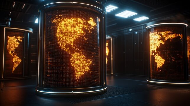 High-tech digital Earth globe visualization with glowing continents in futuristic dark environment