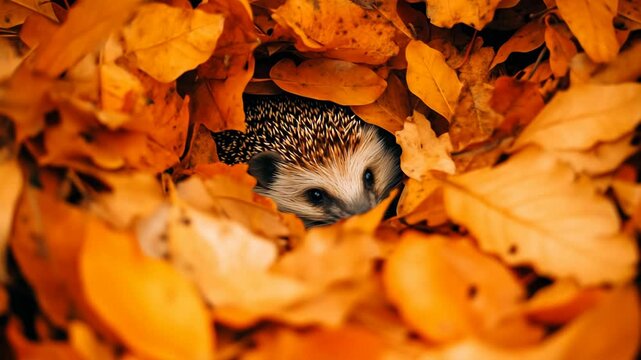 A hedgehog peeks out from vibrant orange autumn leaves.