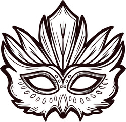 Intricately drawn carnival mask with ornate feathered crown, detailed black outline  illustration