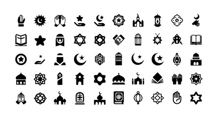 Naklejka premium Islamic Icon Set – Vector Illustration of Islam, Ramadan, Mosque, Arabian Culture, Prayer, and Religious Symbols