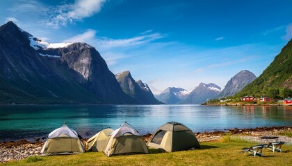 serene camping experience by the turquoise waters of norways fjords with majestic mountain backdrop