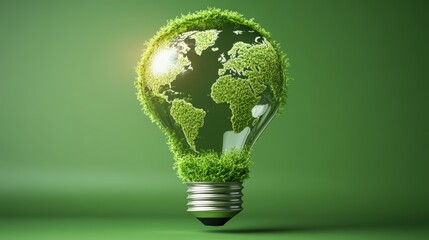 Eco friendly light bulb with green grass and earth map symbolizing sustainability and environmental conservation
