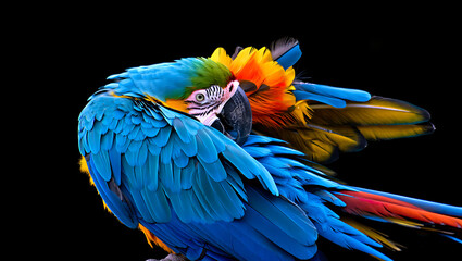 Fototapeta premium Beautiful Blue and Gold Macaw Parrot Preening its Feathers Against a Stark Black Background with Vivid Colors
