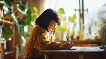 Focused Asian little girl writing in notebook at home desk, surrounded by sunlight and green plants. Concept of homeschooling, childhood concentration, early education, and cozy creative environment.