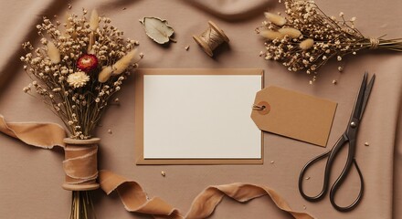 Floral branding mockup dried flowers ribbon scissors kraft tag blank greeting card on soft fabric background warm tones space for logo generative ai