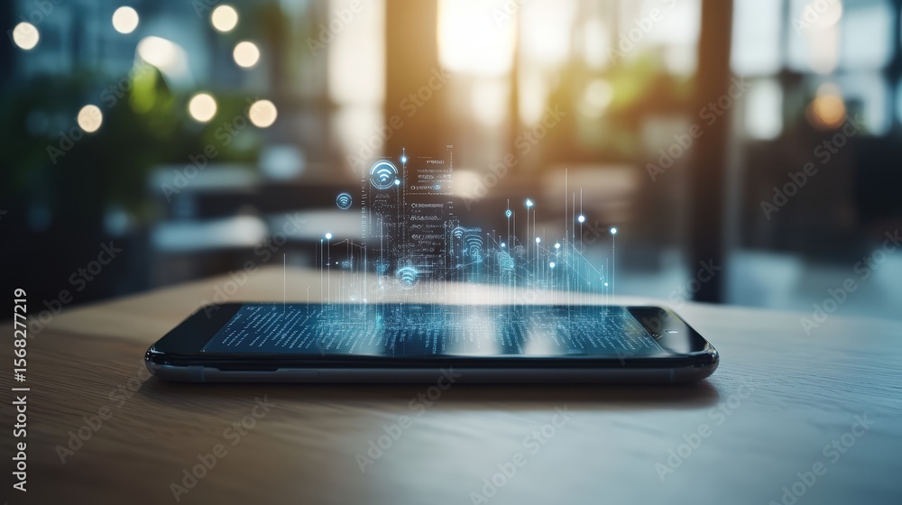 Aufkleber modern smartphone with holographic digital icons projecting above screen in a contemporary workspace