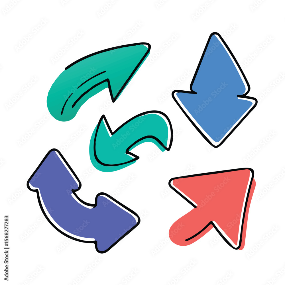 Fototapete Collection of doodle arrow icon, modern flat arrow mark, brush stroke arrow symbol paint, hand drawn chalk pencil pointer and computer cursor for web design technology and navigation app business 