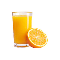 Refreshing glass of vibrant orange juice next to a juicy orange slice isolated on transparent background