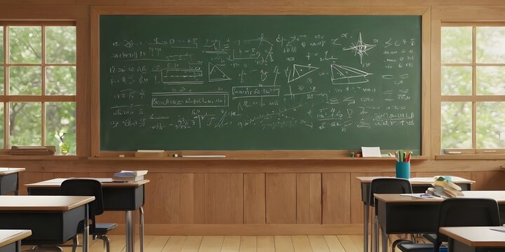 Realistic Classroom Math Banner with Blackboard and Geometry Tools. Ideal for educational banners, posters, and presentations.