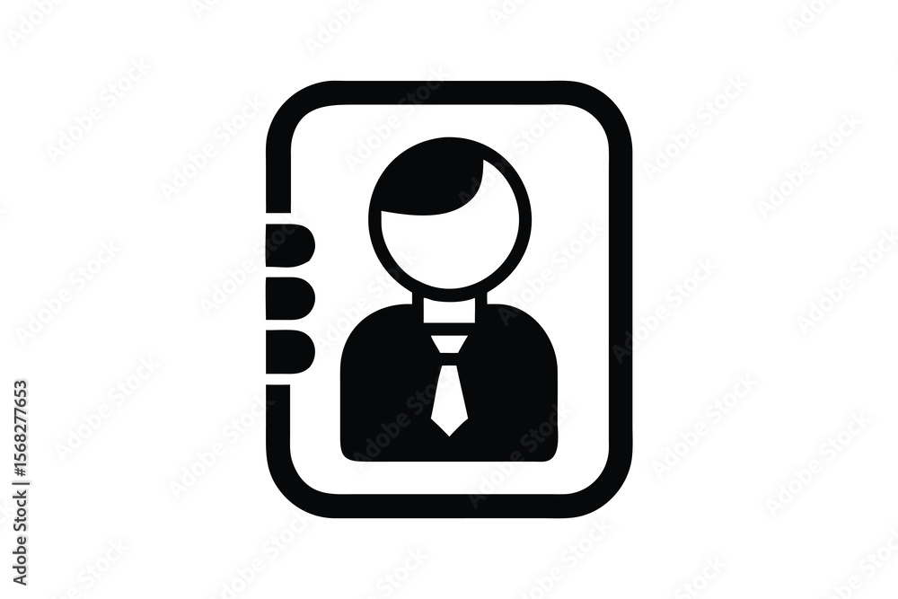 Poster simple black and white icon representing a contact or profile within a book or directory format with