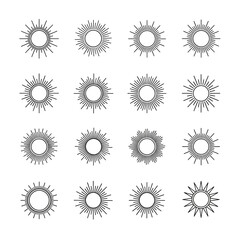 Sixteen sunburst designs arranged in a grid, each featuring a central circle with radiating lines.