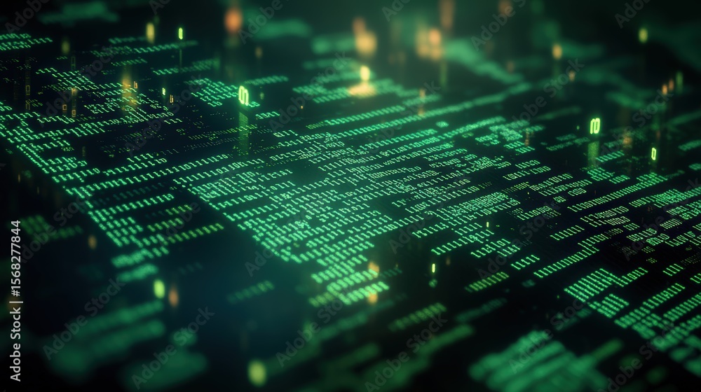 Poster high tech digital circuit board with glowing green lines and intricate electronic components backgro