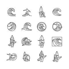 Collection of line art illustrations depicting surfers riding waves on surfboards in various poses and compositions.