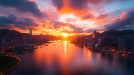 Obraz premium Stunning panoramic view of a vibrant sunset over a city skyline with a river and mountain range in the background