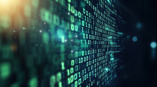 Digital data stream visualization with binary code and glowing electronic information flow background - Powered by Adobe