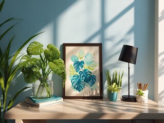 Cozy desk scene with plants and art. Sunlight streams in