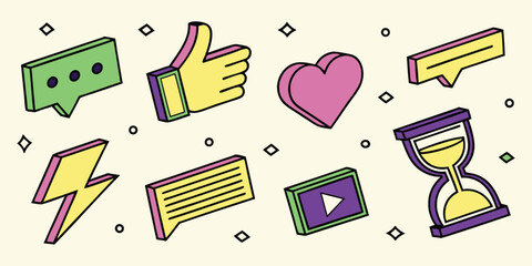Isometric social media icon set. Retro 3D vector graphics with like, heart, and chat bubble for marketing, web, and app UI.