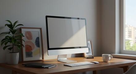 Modern home workspace wide flat lay PC wooden desk houseplant framed art coffee cup bright daylight blank wall for poster mockup generative ai

