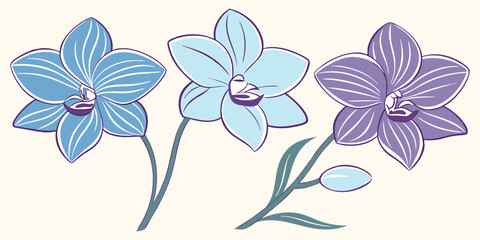 Orchid flower icon set. Blue and purple stylized botanical vector illustrations for spa, beauty branding, spring or elegant wedding invitations.