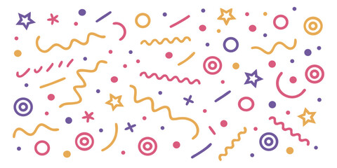 Abstract party confetti background. Playful doodle pattern with colorful shapes. Vector illustration for kids' birthdays or fun event designs.