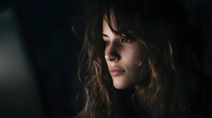 Woman typing late at night backlit with a dramatic glow