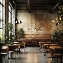 Industrial-style eatery with exposed brick, natural light, and plants