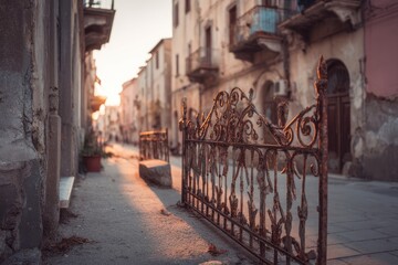 Fototapeta premium Rusty wrought iron gate in a sun-drenched, aged town street