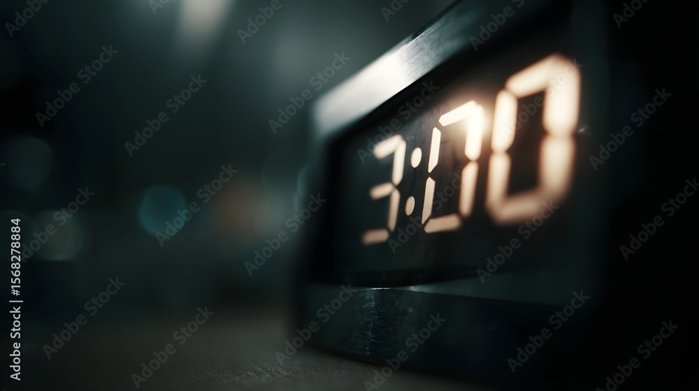 Poster digital clock displaying 3 00 am in a dark office setting