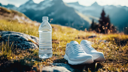 Running Shoes and Bottled Water in Mountain Landscape – Outdoor Wellness and Hydration
