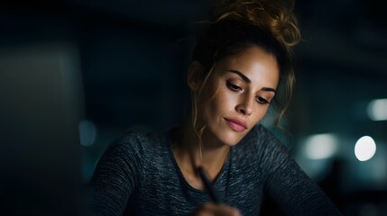 Fototapeta premium Hardworking employee writing a report late at night with eye strain under dim lighting