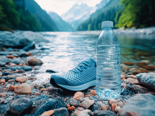 Bottled Water and Running Shoe by Mountain River – Hydration and Outdoor Activity