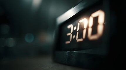 Digital clock displaying 3 00 AM in a dark office setting