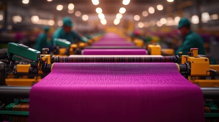 Close-up view of vibrant purple textile weaving process with workers in a modern industrial factory setting
