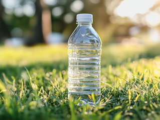 Bottled Water on Grass in Warm Evening Light – Hydration and Natural Wellness