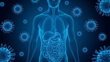 Blue Monochrome Illustration of Human Digestive System with Virus Structures