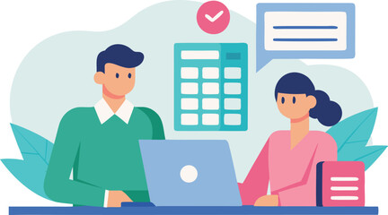 Businesspeople collaborating on project using laptop and calculator