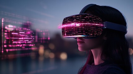 Woman wea virtual reality headset with digital cityscape hologram at night, futuristic technology concept