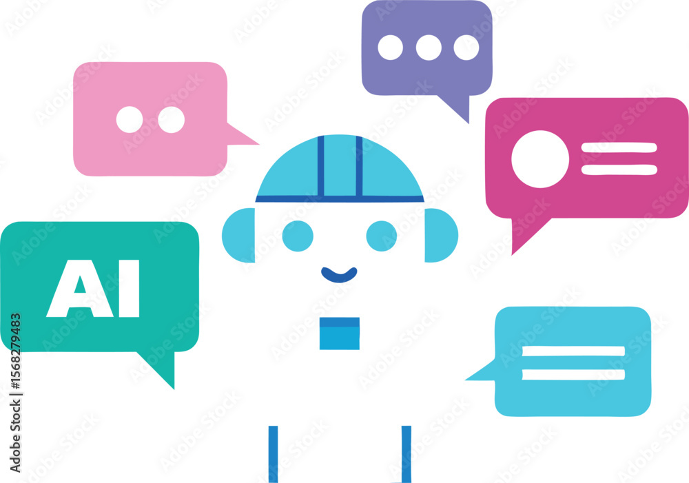 Poster friendly ai robot communicating with speech bubbles