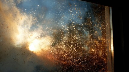 Sunlight streams through a dirty window,  dust motes dance