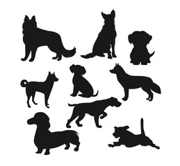 A stark silhouette composition featuring diverse dog breeds in various poses against a white background