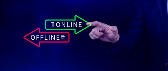 Online vs offline business sales or marketing strategy concept, Transition from offline to online in commerce business.
