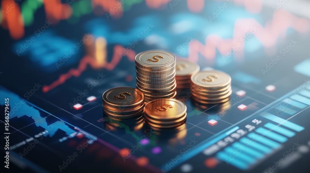 Aufkleber stack of coins arranged on financial trading chart with digital graphs and stock market data backgro