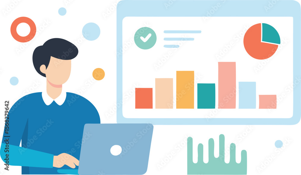 Poster man working on laptop analyzing business data charts graphs