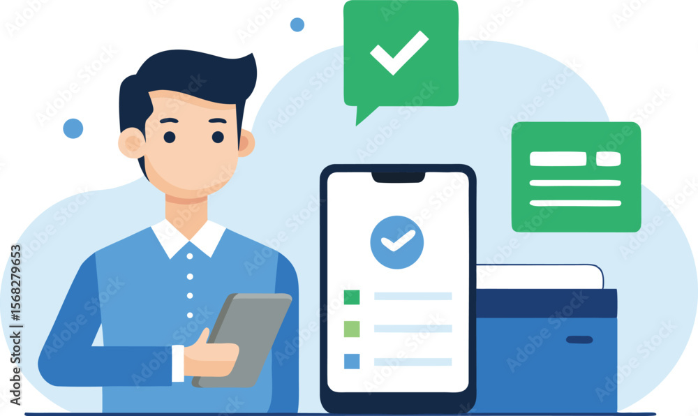 Aufkleber man using mobile app checklist digital task management