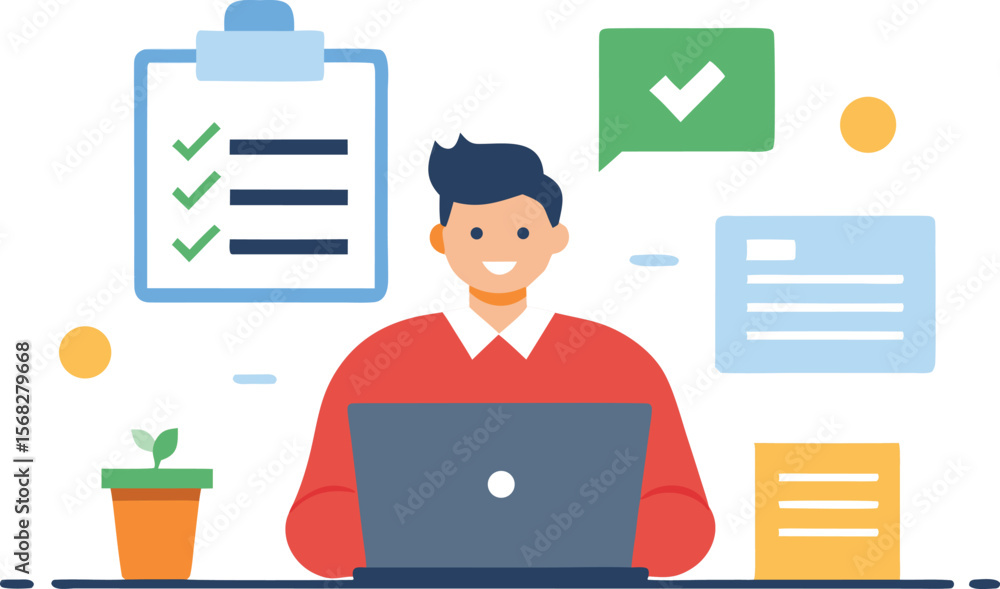 Poster man working on laptop completing checklist tasks